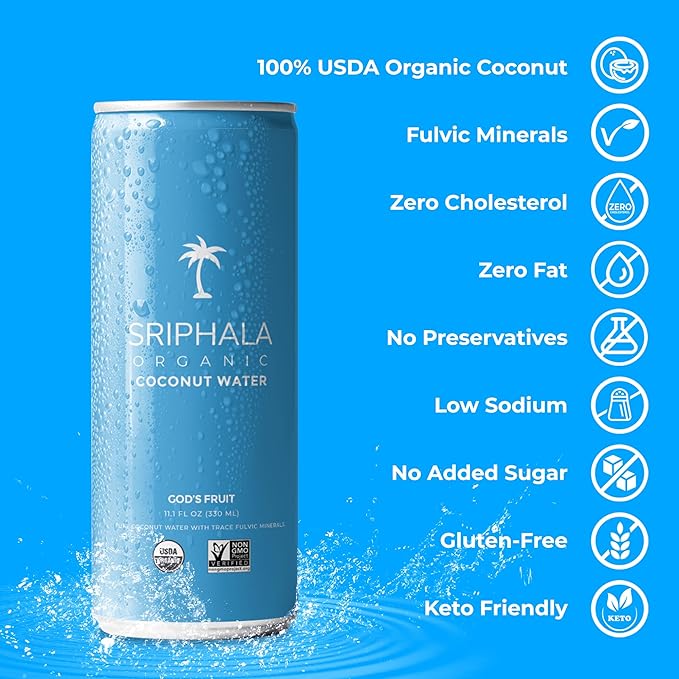 FREE SHIPPING | Sriphala Premium Organic Coconut Water | Pure Refreshing Taste Natural Electrolytes Immune Boosting Fulvic Minerals Vital Nutrients | No Sugar Added 11.1 Oz (12 Pack), 330 ML Coconut Water